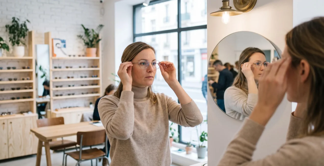 Femme essayant des lunettes de vue devant un miroir dans un magasin d'optique