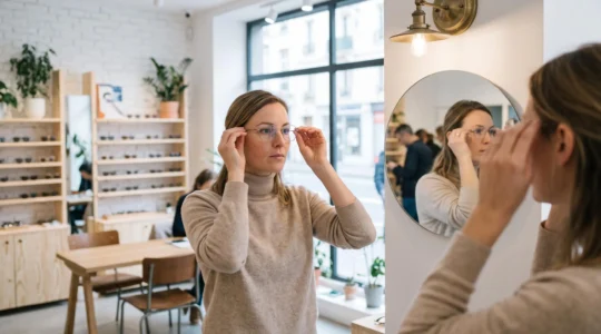 Femme essayant des lunettes de vue devant un miroir dans un magasin d'optique