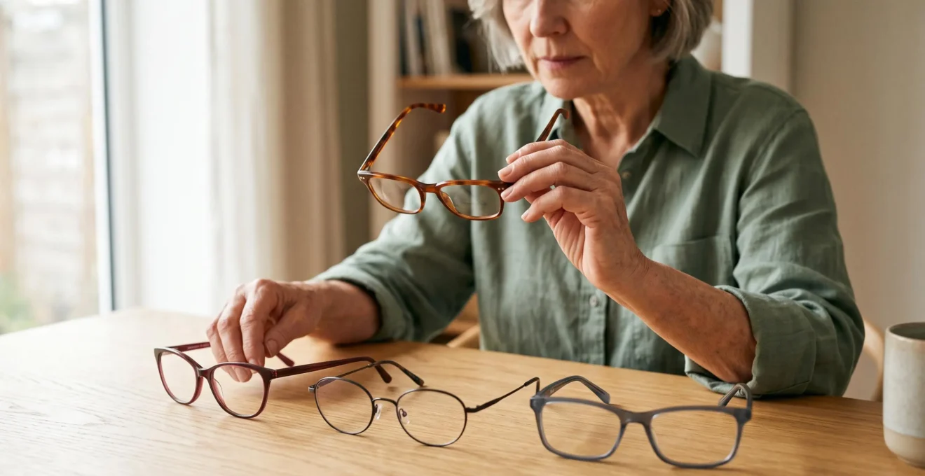 Femme senior comparant plusieurs paires de lunettes de vue posées sur une table