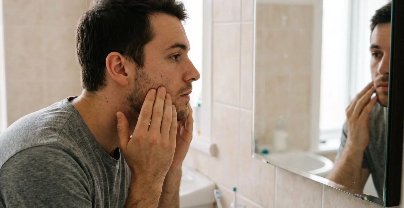 Homme examinant les proportions de son visage avec ses mains devant un miroir