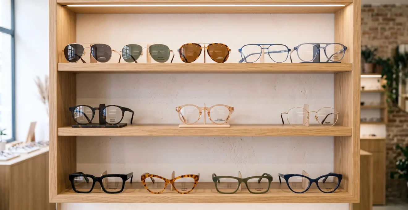 Présentoir de lunettes de vue variées dans un magasin d'optique montrant différentes formes et matières